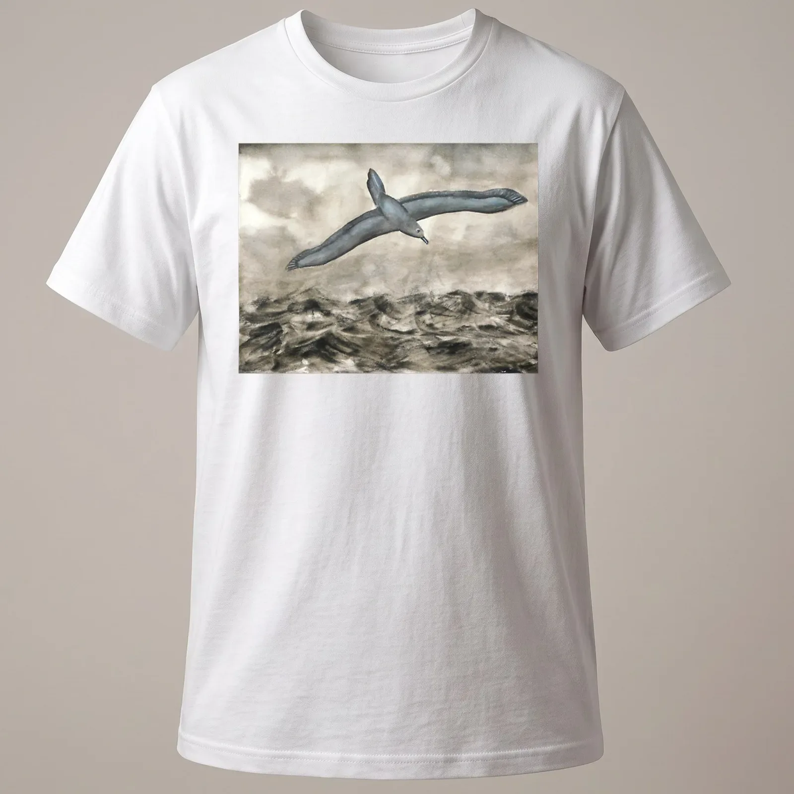 Watercolor print of an albatross flying over waves with grey, blue, and white tones — printed on a unisex t-shirt