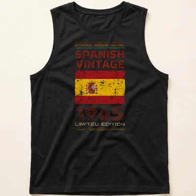 Distressed print of the Spanish flag with vintage typography from 1965 — printed on a tank top