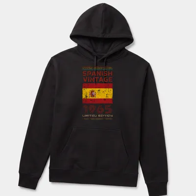 Distressed print of the Spanish flag with vintage typography from 1965 — printed on a unisex hoodie
