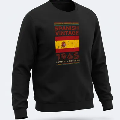 Distressed print of the Spanish flag with vintage typography from 1965 — printed on a unisex sweatshirt