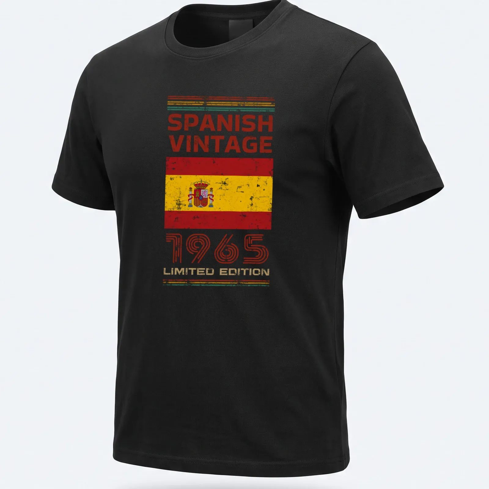 Distressed print of the Spanish flag with vintage typography from 1965 — printed on a unisex t-shirt