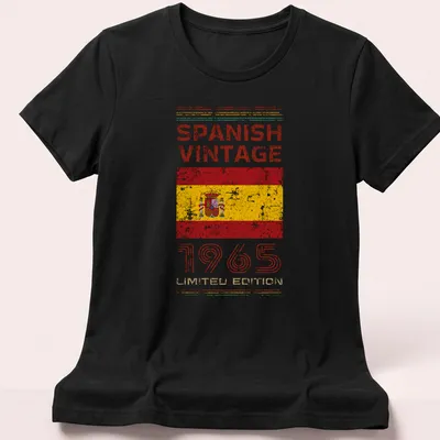 Distressed print of the Spanish flag with vintage typography from 1965 — printed on a women's shirt