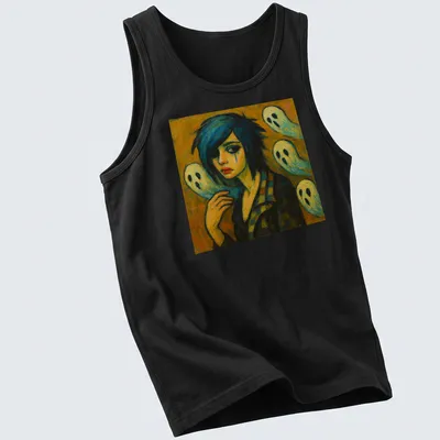 Expressive print of a girl with blue hair and playful ghosts, with the words Spectral Youth — printed on a tank top