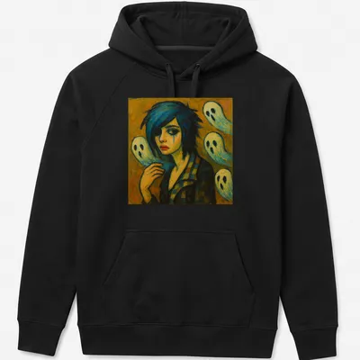 Expressive print of a girl with blue hair and playful ghosts, with the words Spectral Youth — printed on a unisex hoodie