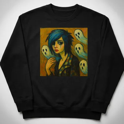 Expressive print of a girl with blue hair and playful ghosts, with the words Spectral Youth — printed on a unisex sweatshirt