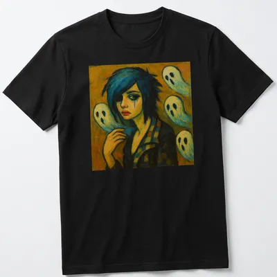 Expressive print of a girl with blue hair and playful ghosts, with the words Spectral Youth — printed on a unisex t-shirt