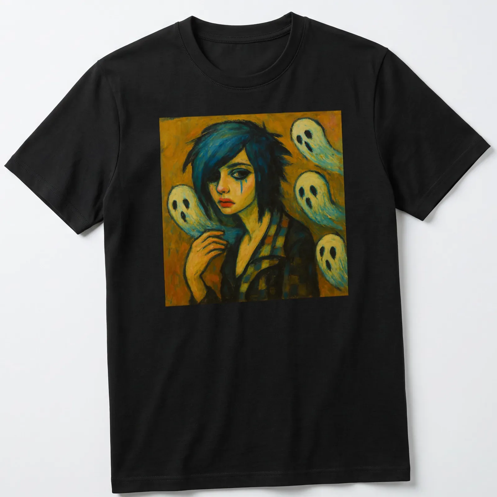Expressive print of a girl with blue hair and playful ghosts, with the words Spectral Youth — printed on a unisex t-shirt