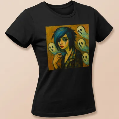 Expressive print of a girl with blue hair and playful ghosts, with the words Spectral Youth — printed on a women's shirt