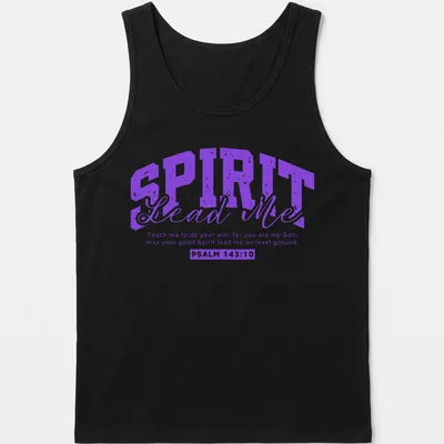 Bold typography Christian faith message in purple and white — printed on a tank top