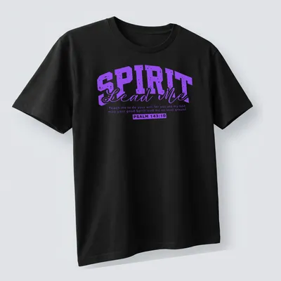 Bold typography Christian faith message in purple and white — printed on a unisex t-shirt (angled view)