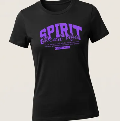 Bold typography Christian faith message in purple and white — printed on a women's shirt