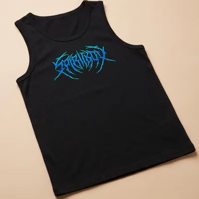 Metallic blue SPIRITBOX logo printed on a — printed on a tank top