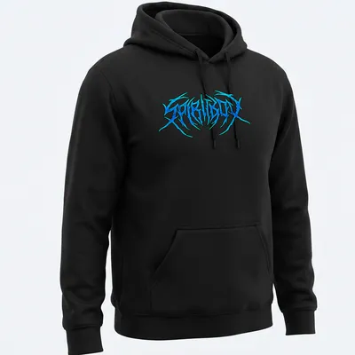 Metallic blue SPIRITBOX logo printed on a — printed on a unisex hoodie