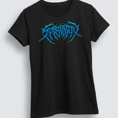 Metallic blue SPIRITBOX logo printed on a — printed on a women's shirt