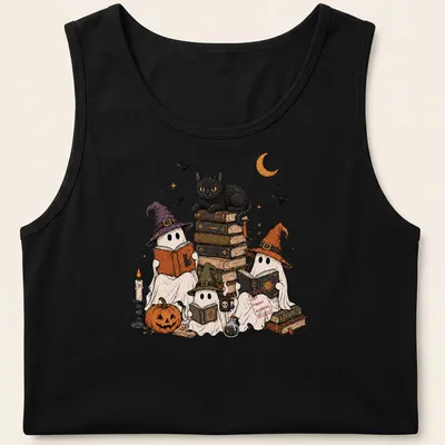 Whimsical illustration of ghosts reading in witch hats with text 'Spooky Bookworms.' — printed on a tank top