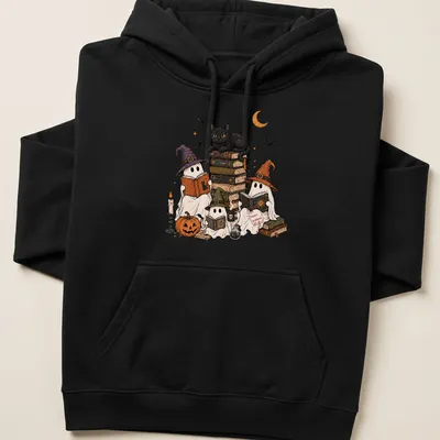 Whimsical illustration of ghosts reading in witch hats with text 'Spooky Bookworms.' — printed on a unisex hoodie