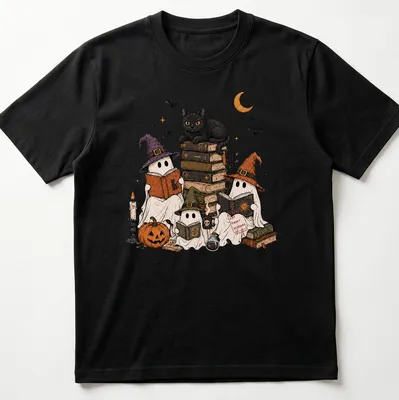 Whimsical illustration of ghosts reading in witch hats with text 'Spooky Bookworms.' — printed on a unisex t-shirt