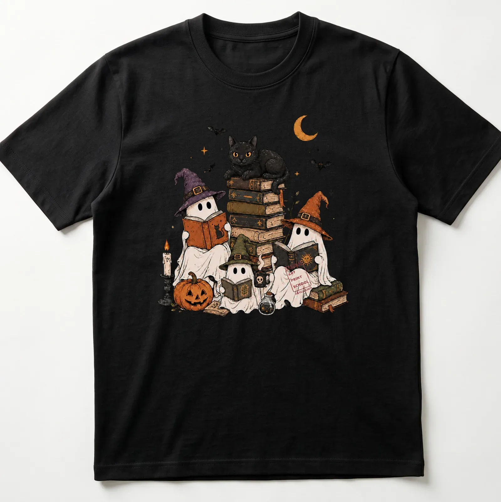 Whimsical illustration of ghosts reading in witch hats with text 'Spooky Bookworms.' — printed on a unisex t-shirt