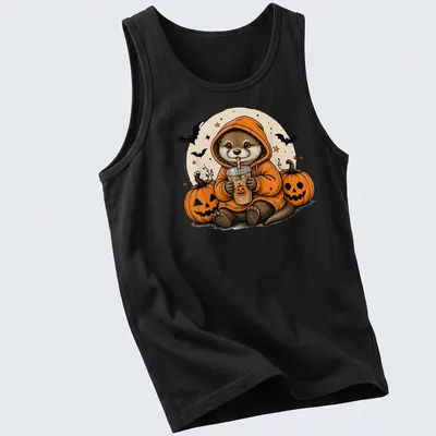 Vintage cartoon otter in a hoodie surrounded by pumpkins for Halloween — printed on a tank top