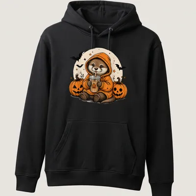 Vintage cartoon otter in a hoodie surrounded by pumpkins for Halloween — printed on a unisex hoodie