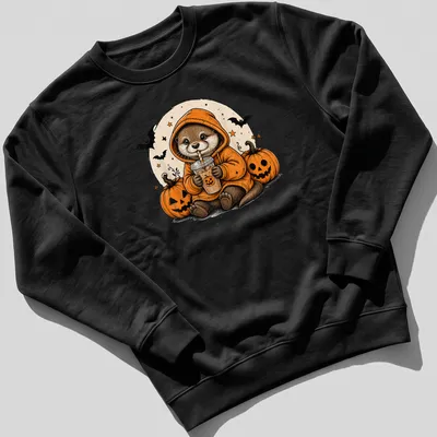 Vintage cartoon otter in a hoodie surrounded by pumpkins for Halloween — printed on a unisex sweatshirt