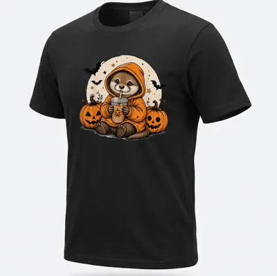 Vintage cartoon otter in a hoodie surrounded by pumpkins for Halloween — printed on a unisex t-shirt