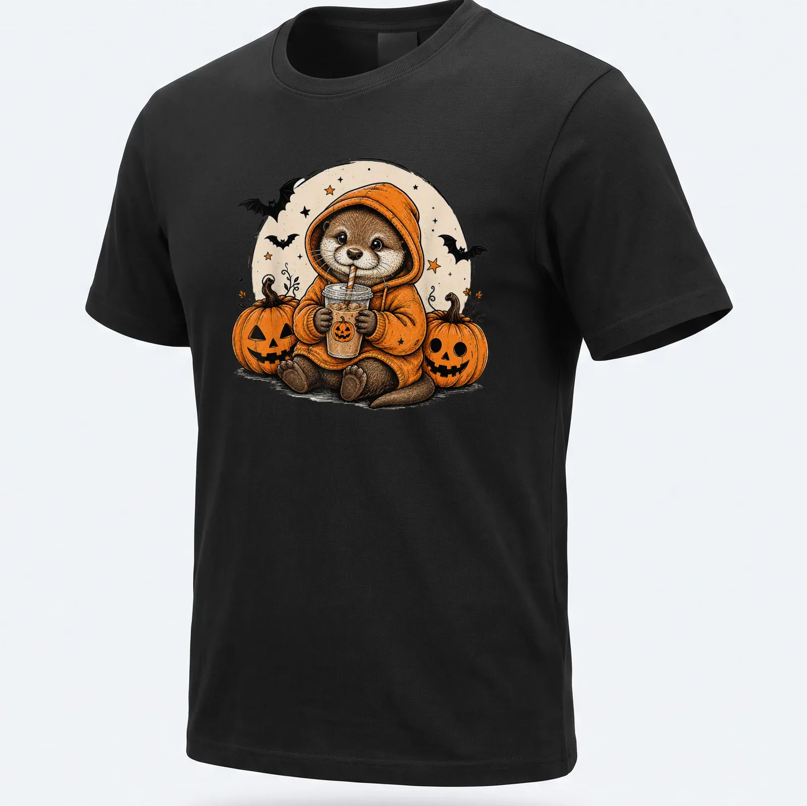 Vintage cartoon otter in a hoodie surrounded by pumpkins for Halloween — printed on a unisex t-shirt