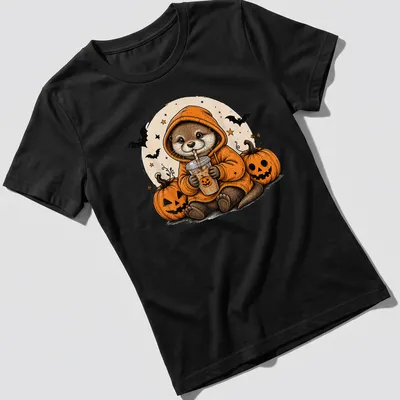 Vintage cartoon otter in a hoodie surrounded by pumpkins for Halloween — printed on a women's shirt