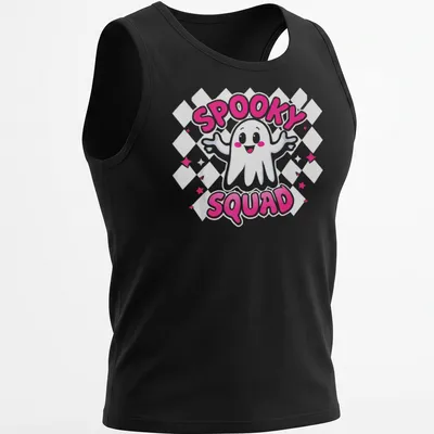 Kawaii style ghost design with text Spooky Squad in pink and white — printed on a tank top