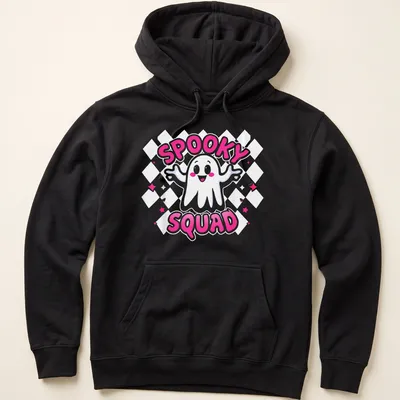 Kawaii style ghost design with text Spooky Squad in pink and white — printed on a unisex hoodie