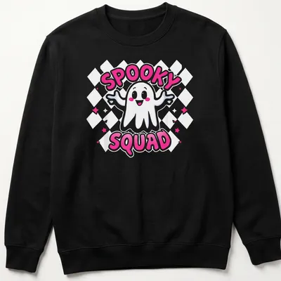 Kawaii style ghost design with text Spooky Squad in pink and white — printed on a unisex sweatshirt