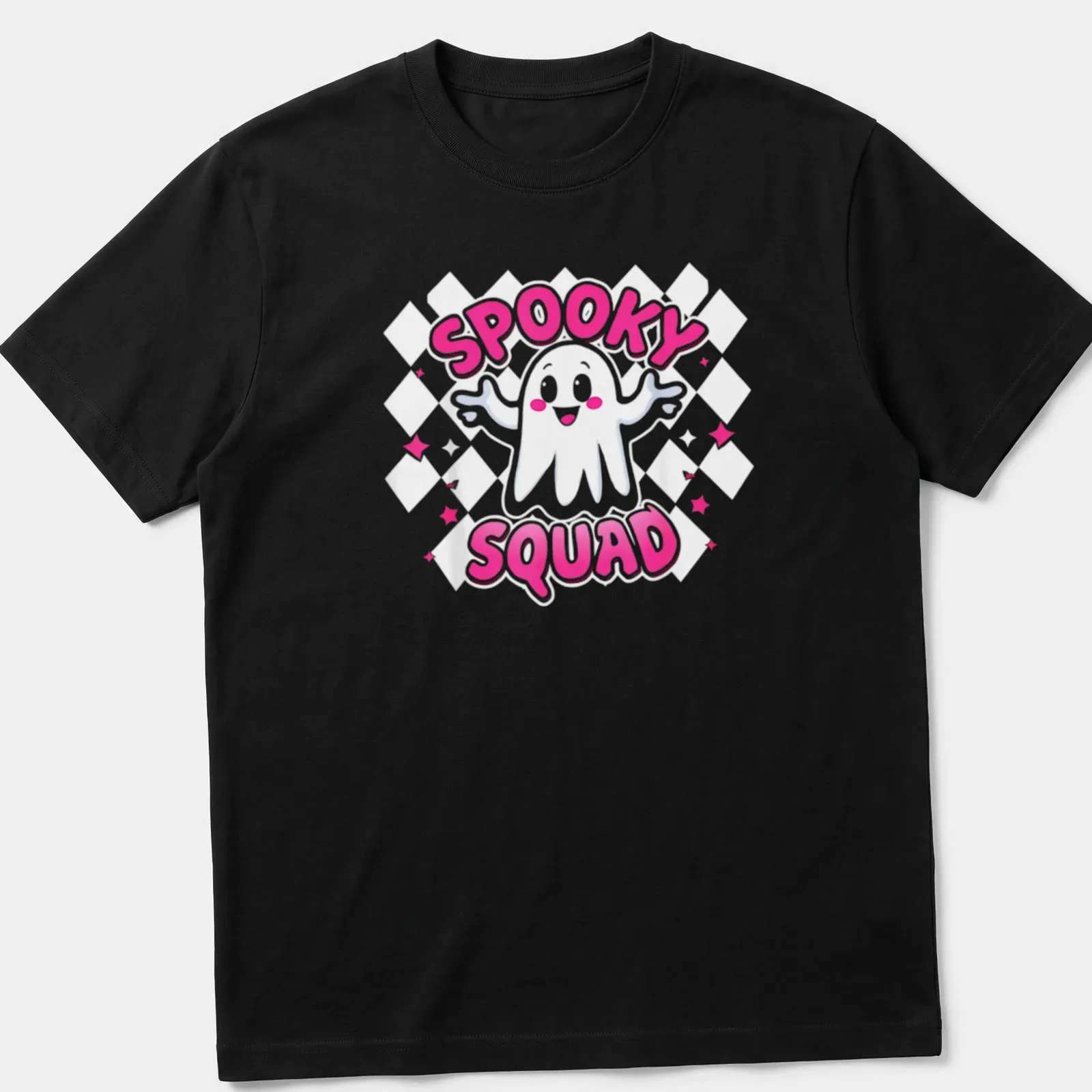 Kawaii style ghost design with text Spooky Squad in pink and white — printed on a unisex t-shirt