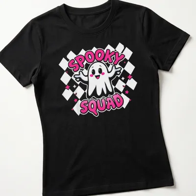 Kawaii style ghost design with text Spooky Squad in pink and white — printed on a women's shirt