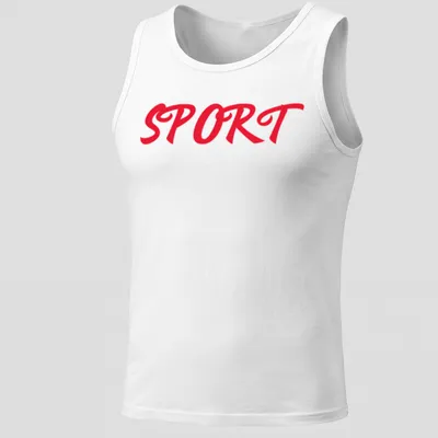 Bold red script T-shirt featuring the word SPORT in a striking typography. — printed on a tank top