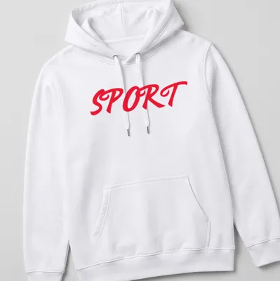 Bold red script T-shirt featuring the word SPORT in a striking typography. — printed on a unisex hoodie
