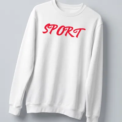 Bold red script T-shirt featuring the word SPORT in a striking typography. — printed on a unisex sweatshirt