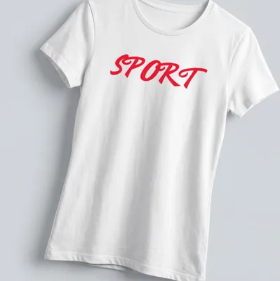 Bold red script T-shirt featuring the word SPORT in a striking typography. — printed on a women's shirt