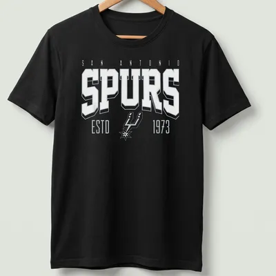 San Antonio Spurs tee featuring bold typography in black, white, and gray.