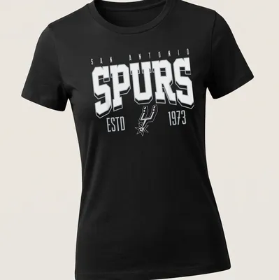 San Antonio Spurs tee featuring bold typography in black, white, and gray. — printed on a women's shirt