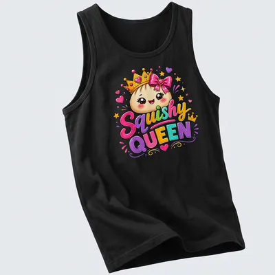 Kawaii dumpling princess t-shirt featuring colorful design and text 'Squishy QUEEN' — printed on a tank top