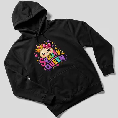 Kawaii dumpling princess t-shirt featuring colorful design and text 'Squishy QUEEN' — printed on a unisex hoodie