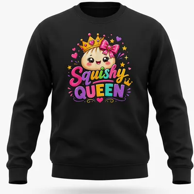Kawaii dumpling princess t-shirt featuring colorful design and text 'Squishy QUEEN' — printed on a unisex sweatshirt