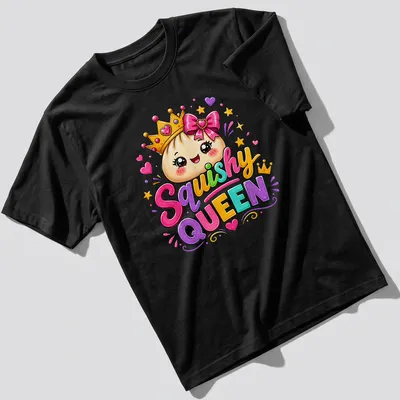 Kawaii dumpling princess t-shirt featuring colorful design and text 'Squishy QUEEN'