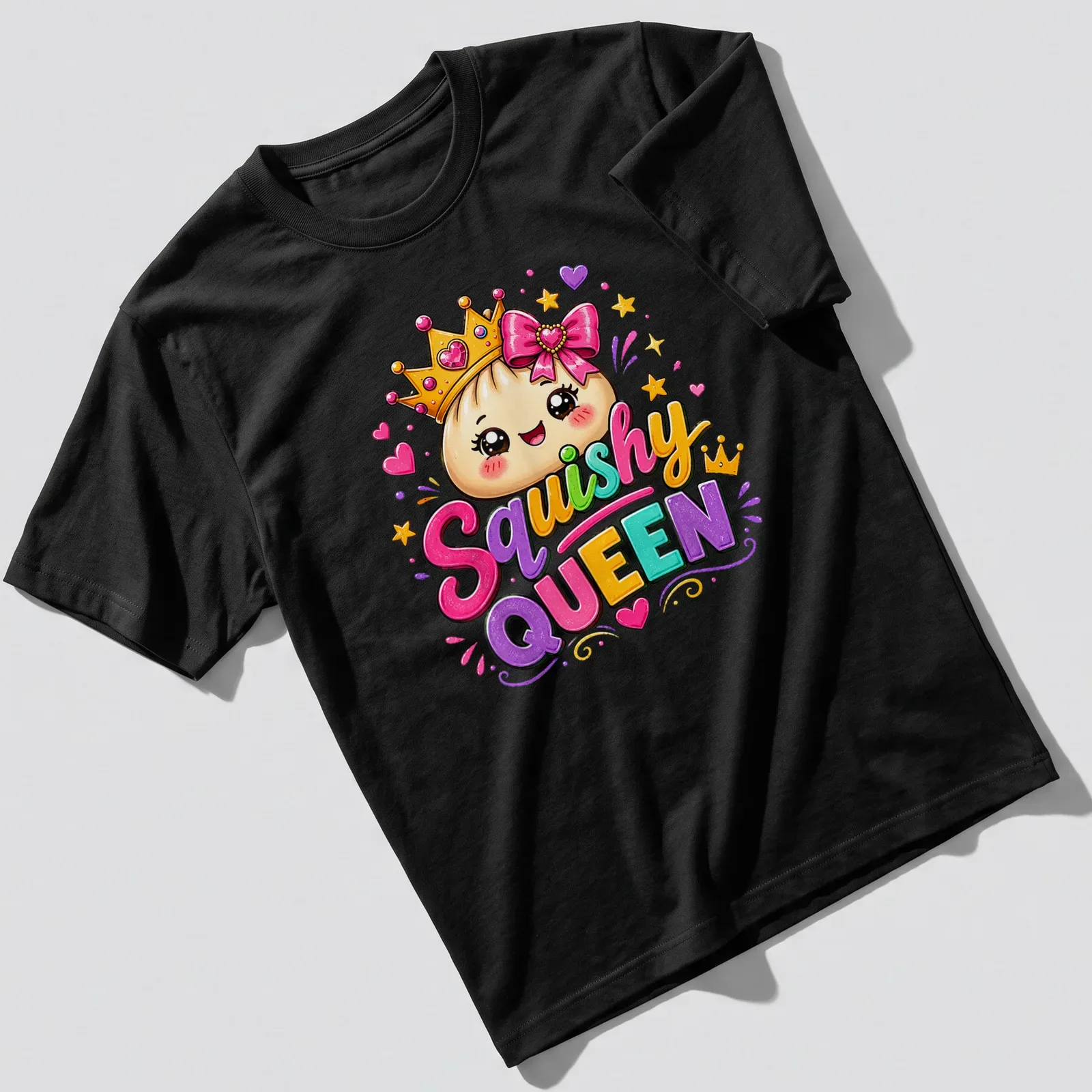Kawaii dumpling princess t-shirt featuring colorful design and text 'Squishy QUEEN' — printed on a unisex t-shirt