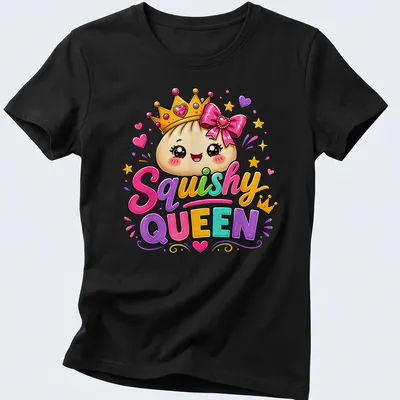 Kawaii dumpling princess t-shirt featuring colorful design and text 'Squishy QUEEN' — printed on a women's shirt