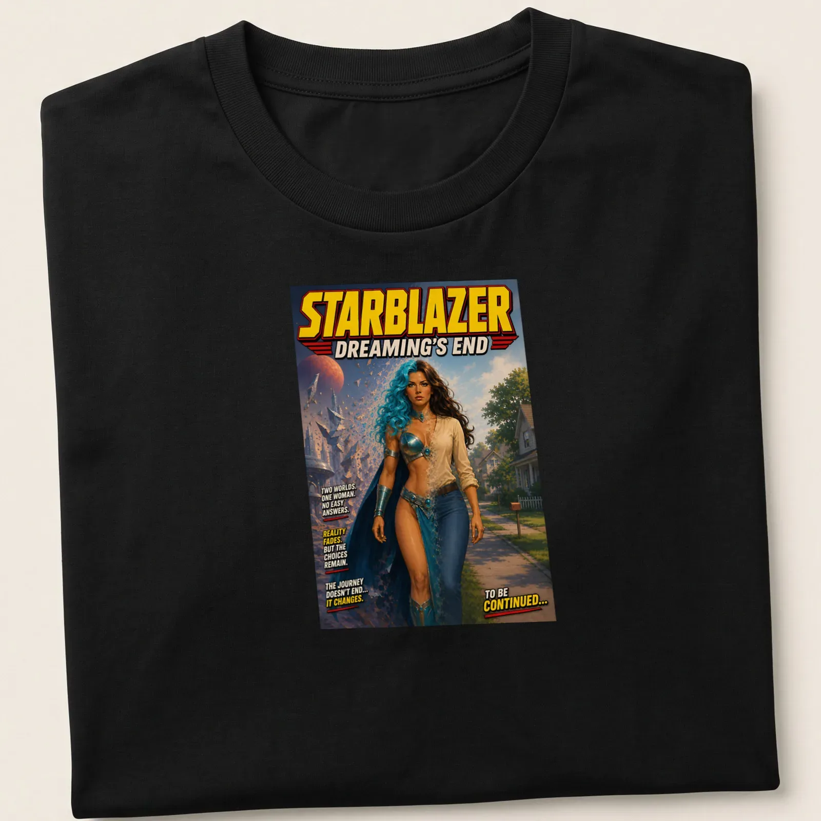 Comic book style female superhero graphic with inspirational text — printed on a unisex t-shirt