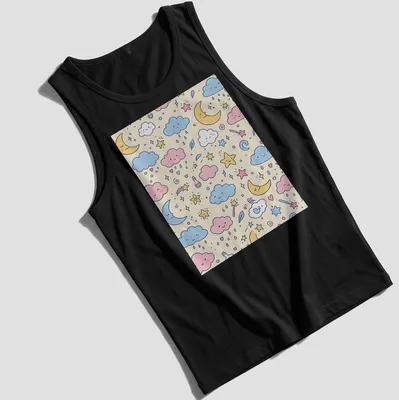 Kawaii pattern of clouds, stars, and moons in pink, blue, yellow, and cream. — printed on a tank top