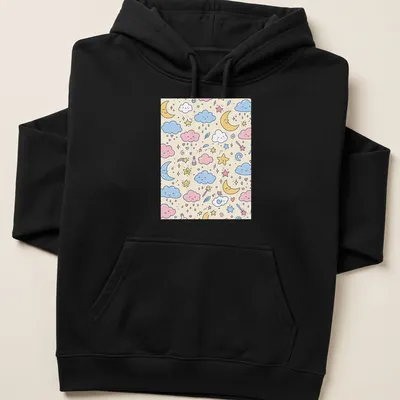 Kawaii pattern of clouds, stars, and moons in pink, blue, yellow, and cream. — printed on a unisex hoodie