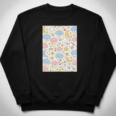 Kawaii pattern of clouds, stars, and moons in pink, blue, yellow, and cream. — printed on a unisex sweatshirt
