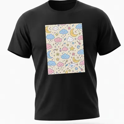 Kawaii pattern of clouds, stars, and moons in pink, blue, yellow, and cream. — printed on a unisex t-shirt